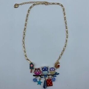 New three enamel owls on a branch fashion necklace